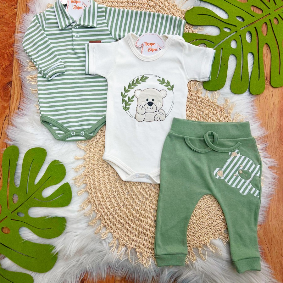  CONJ. DE MALHA 3 PEÇAS - Ursinho com Raminhos - Verde e Off White